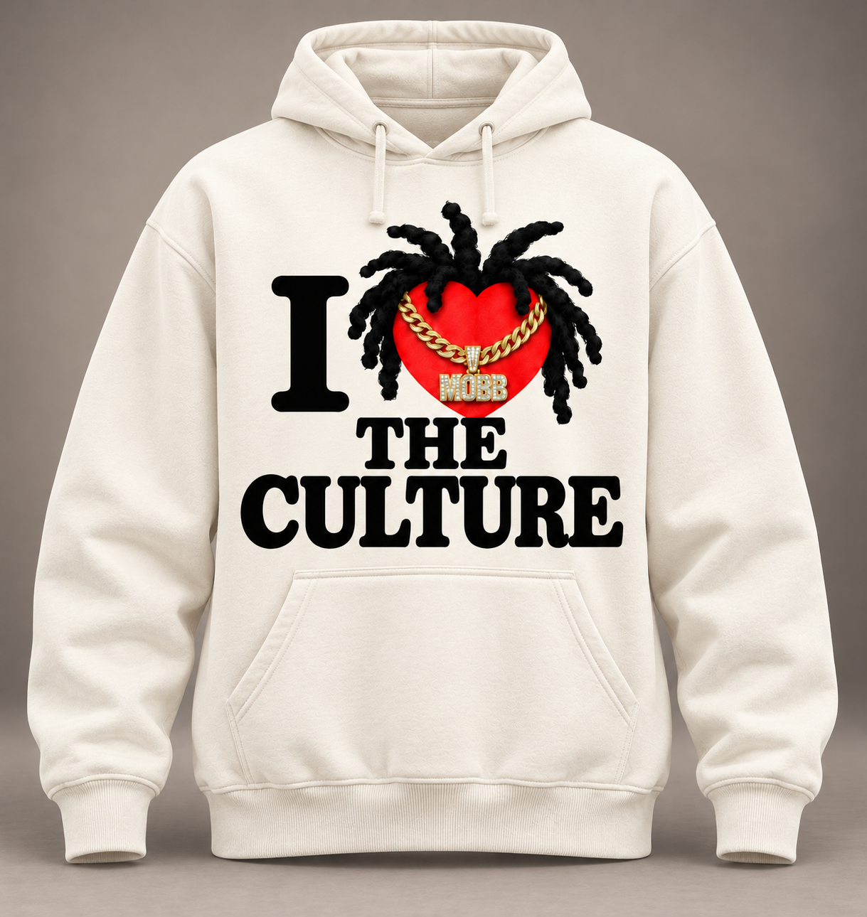 Cream THE CULTURE hoodie with a heart, Rohni wicks and MOBB chain graphic